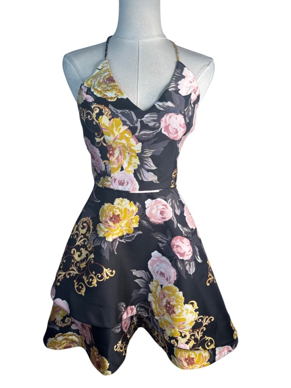 New BCX Floral Halter-Neck Size 3 Fit & Flare Dress Black/Yellow/Pink Polyester - Picture 2 of 15